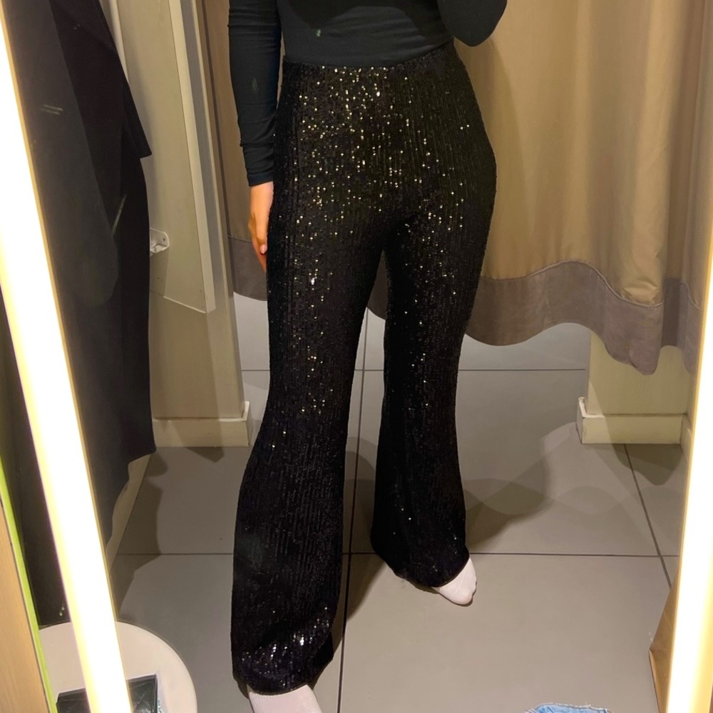 Black Sequin Flare Pants With An Elastic Band - image 1